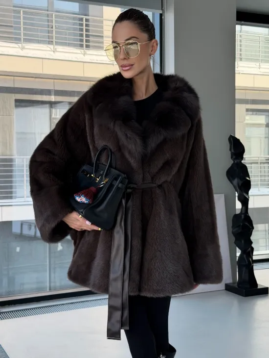 Норковое автоледи с воротником из куницы - фото 7