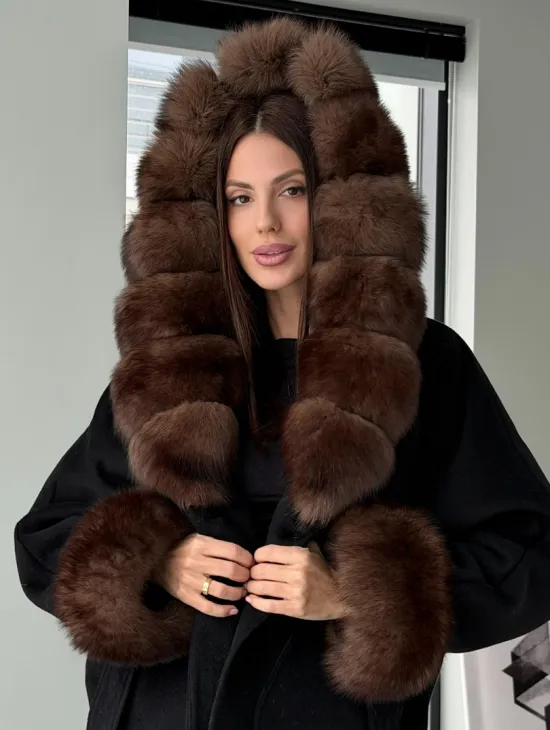 Пальто с капюшоном из финского песца - фото 8