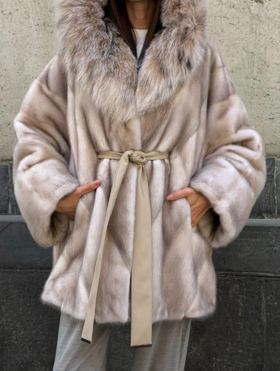 Норковая шуба oversize с капюшоном из рыси - фото 6