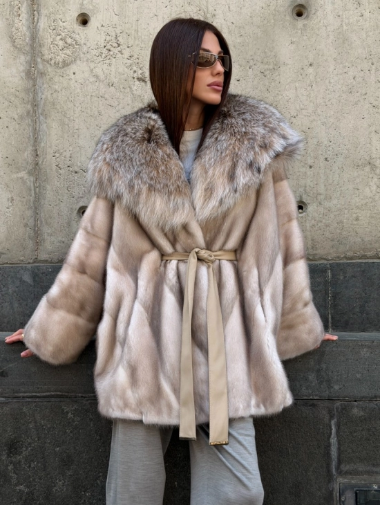Норковая шуба oversize с капюшоном из рыси - фото 10
