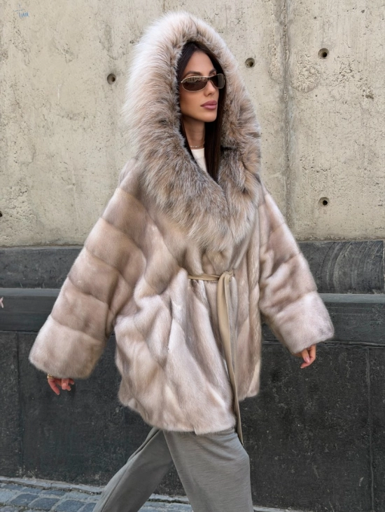 Норковая шуба oversize с капюшоном из рыси - фото 11