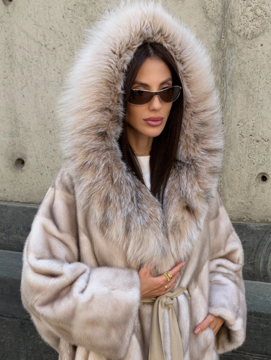 Норковая шуба oversize с капюшоном из рыси - фото 9