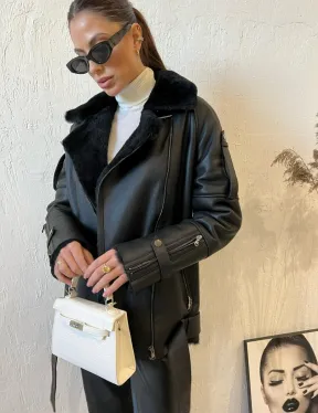 Дубленка авиатор в черном цвете из натуральной овчины - фото 4