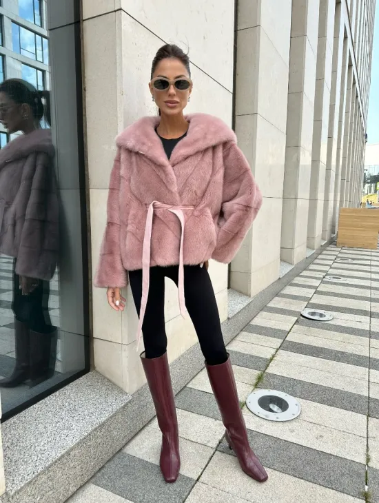 Норковый жакет с капюшоном - цвет розовый фламинго - фото 8