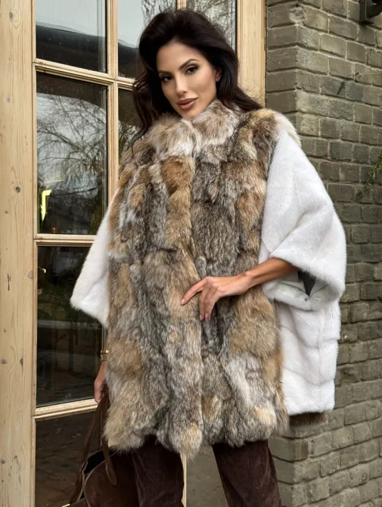 Норковая шуба летучая мышь, отделка из меха рыси - фото 2