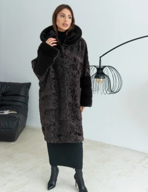 Уголь шуба из каракульчи и норки с капюшоном - фото 4