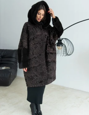 Уголь шуба из каракульчи и норки с капюшоном - фото 0