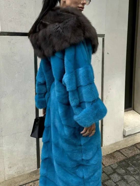 Шуба норковая с капюшоном из меха куницы - цвет тиффани - фото 6