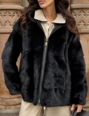 Черная норковая шуба с капюшоном - фото 1