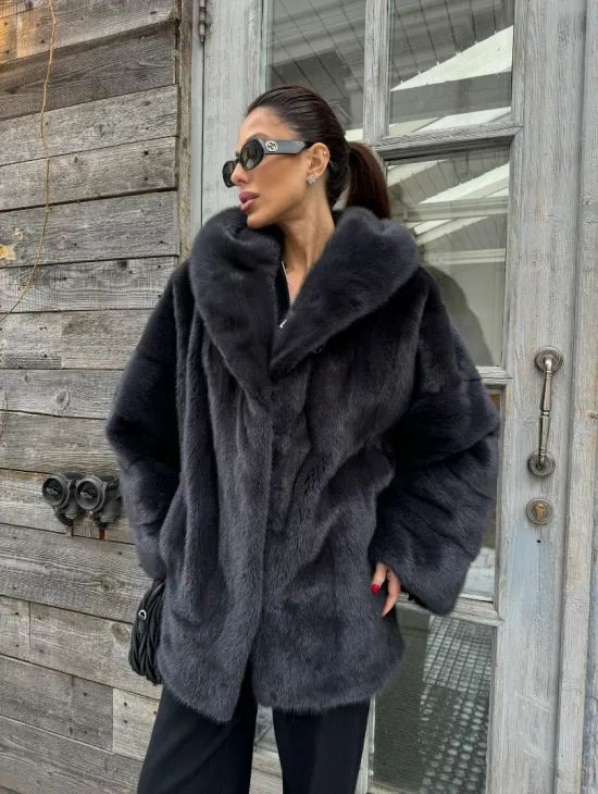 Шуба норковая с капюшоном - цвет графит - фото 5