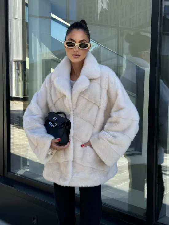 Короткая норковая шуба с английским воротником - цвет ваниль - фото 8