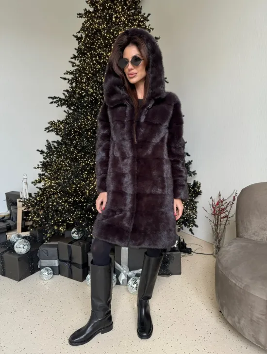 Норковая шуба с капюшоном, поперечка - цвет инжир - фото 2