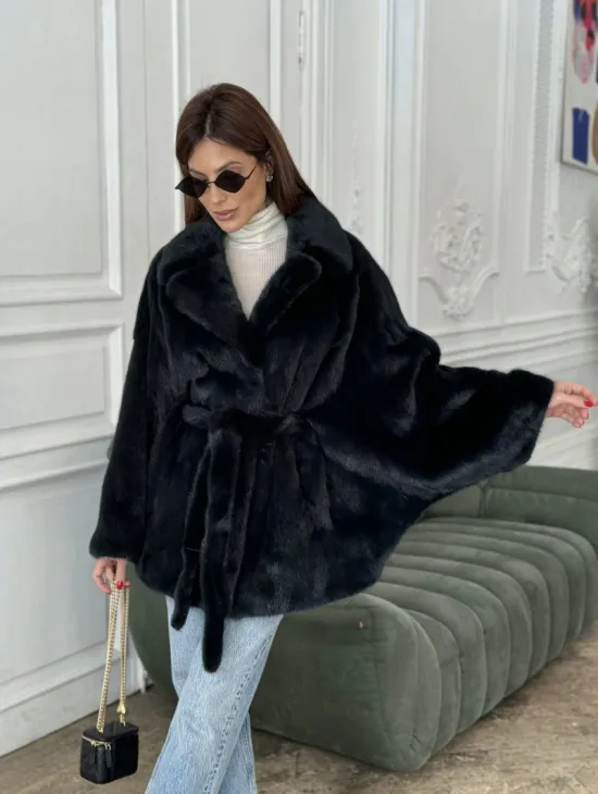 Шуба летучая мышь английский воротник, роспуск мех норка - цвет черный изумруд - фото 6