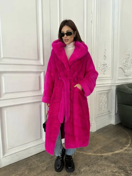 Норка кимоно с капюшоном, паркет - цвет фуксия - фото 6