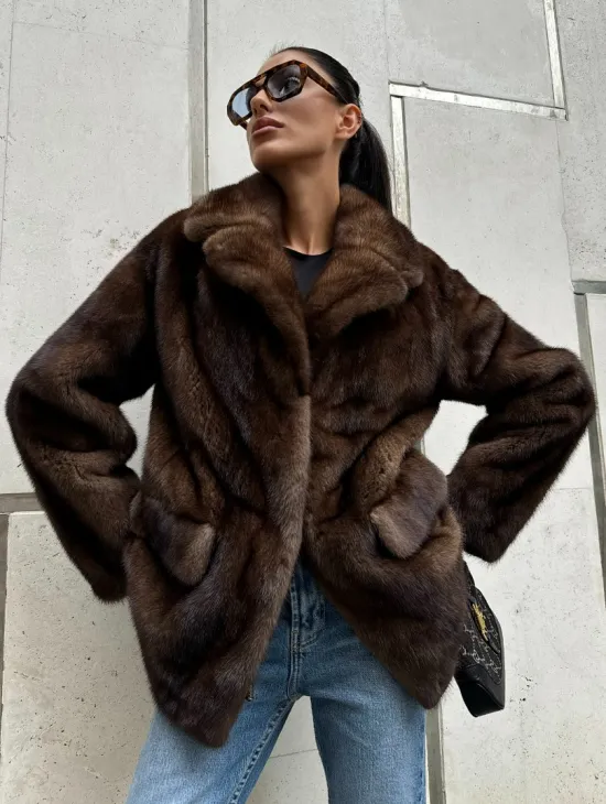 Шуба норковая - жакет с английским воротником цвет соболь - фото 0